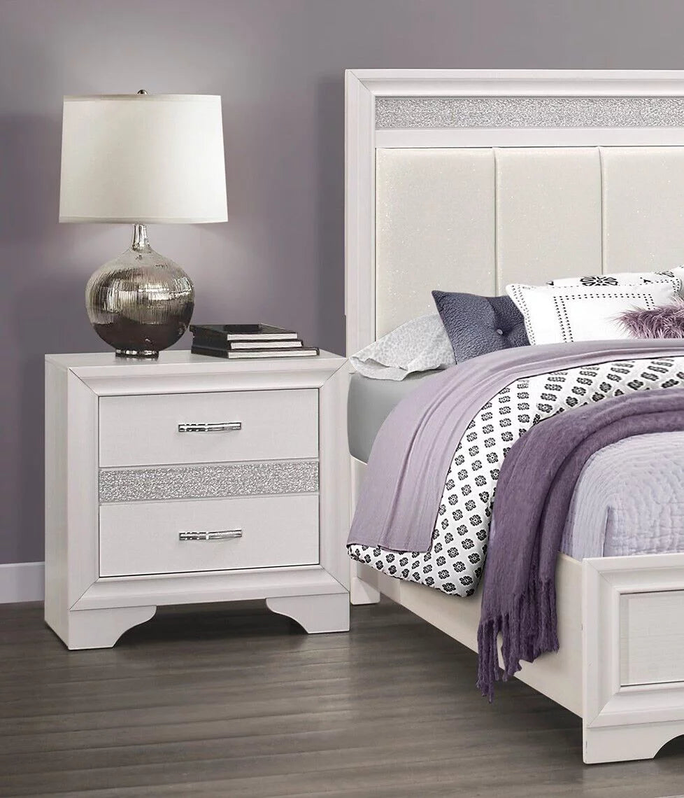 White Glitter 4pc Queen Bedroom Set Platform Bed Dresser Nightstand Mirror U9549