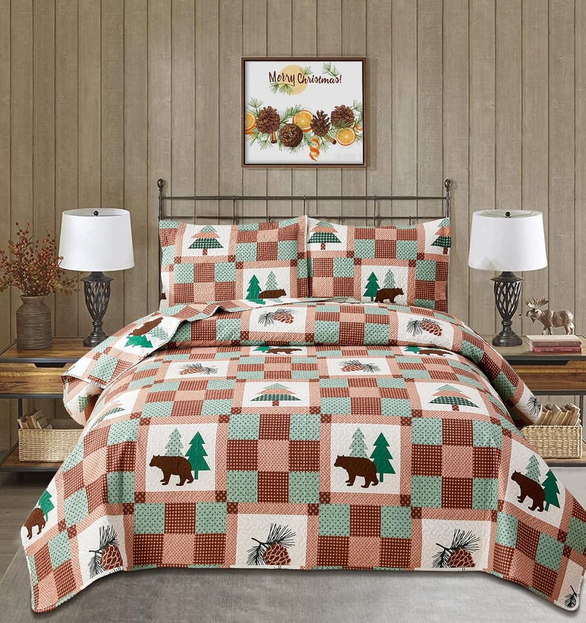 Full/Queen Size Plaid Quilt Set Black White Patchwork Bedspread L61845