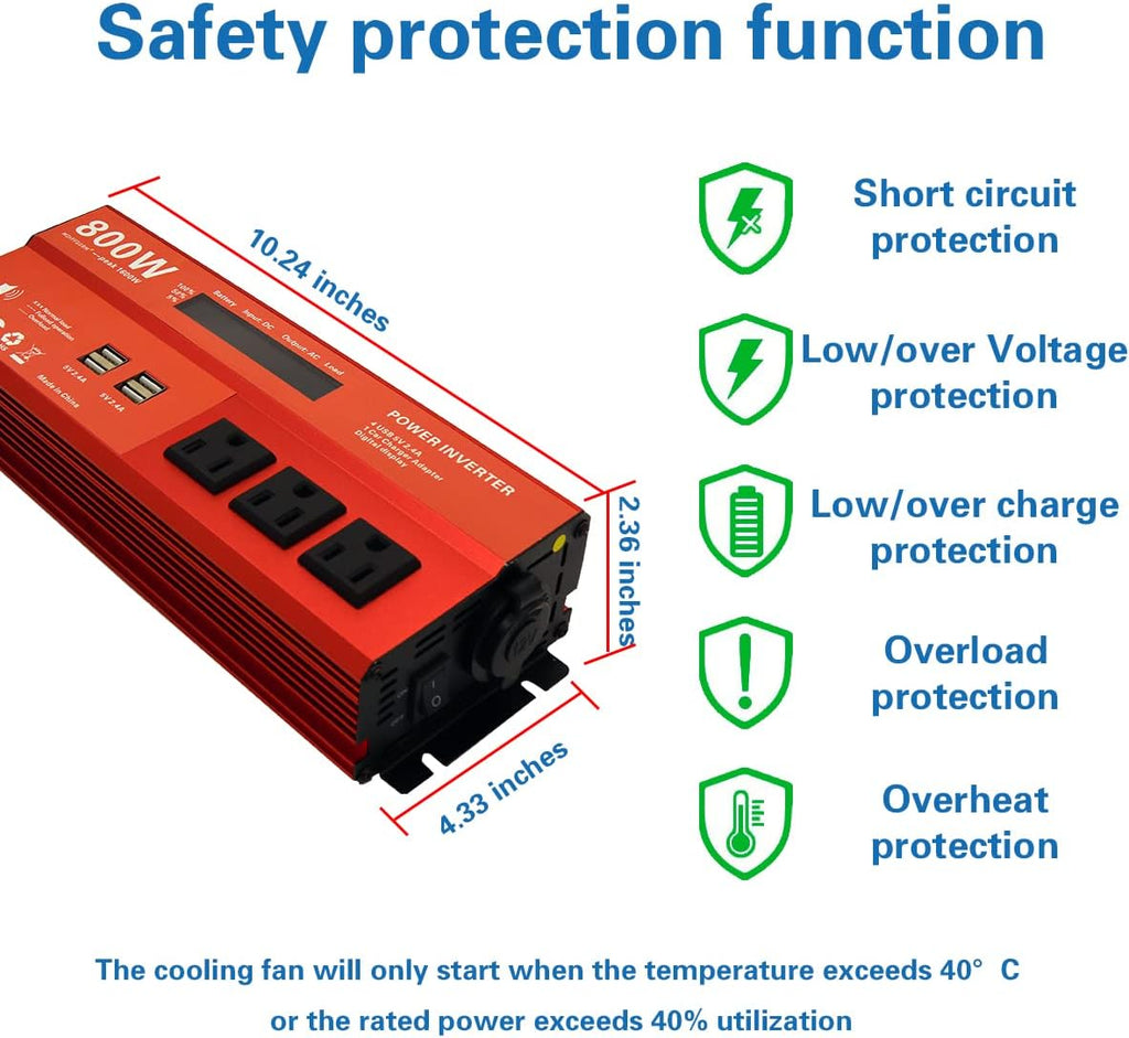 800W Modified Sine Wave Power Inverter, 12V DC to 110V AC, 4 USB Ports C176