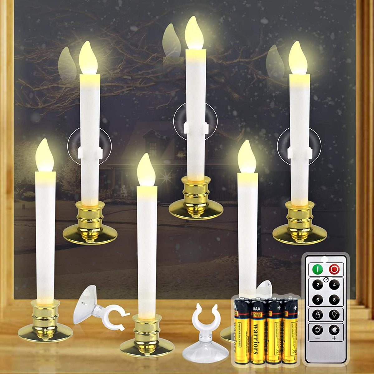 6 Set Gold LED Flameless Taper Candles with Timer F8484