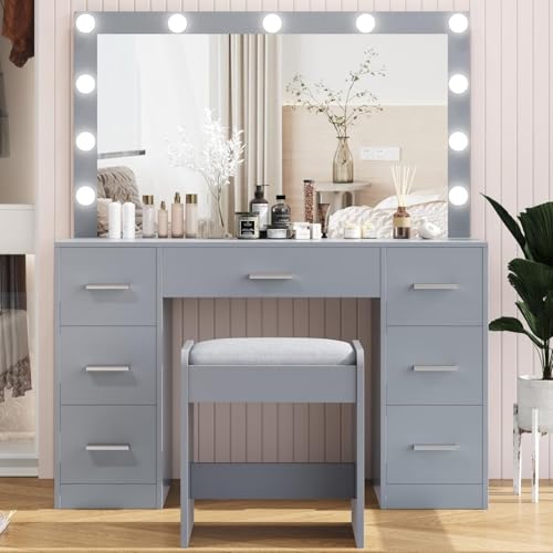 White Vanity Desk with Lighted Mirror and Drawers U287856