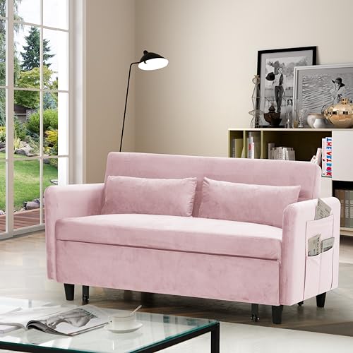 Gray Velvet Convertible Sofa Bed with Pull-Out Bed and Two Pillows F342