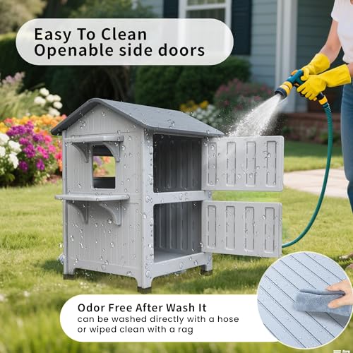 Grey Plastic 2 Story Elevated Cat Shelter with Escape Door M754