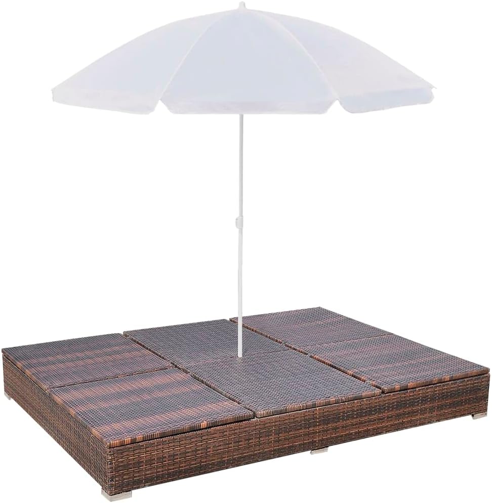 Brown Poly Rattan 2-Person Sun Lounger with Cushion and Umbrella N4031