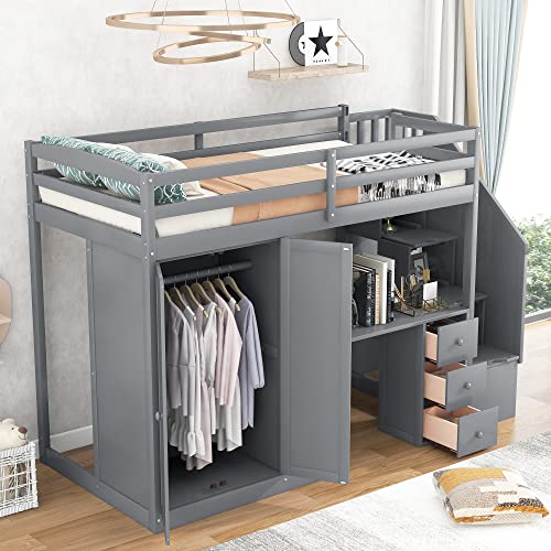 Twin Size Solid Wood Loft Bed with Desk and Stairs J122624