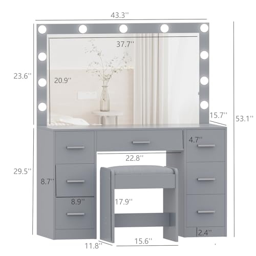 White Vanity Desk with Lighted Mirror and Drawers U287856