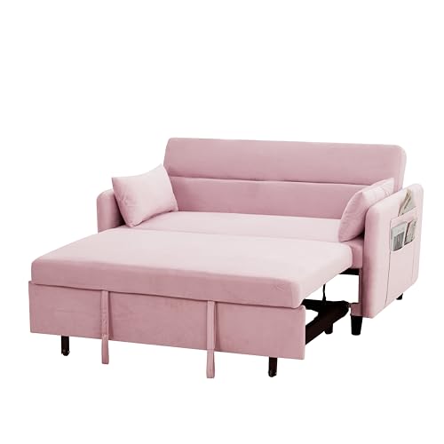 Gray Velvet Convertible Sofa Bed with Pull-Out Bed and Two Pillows F342