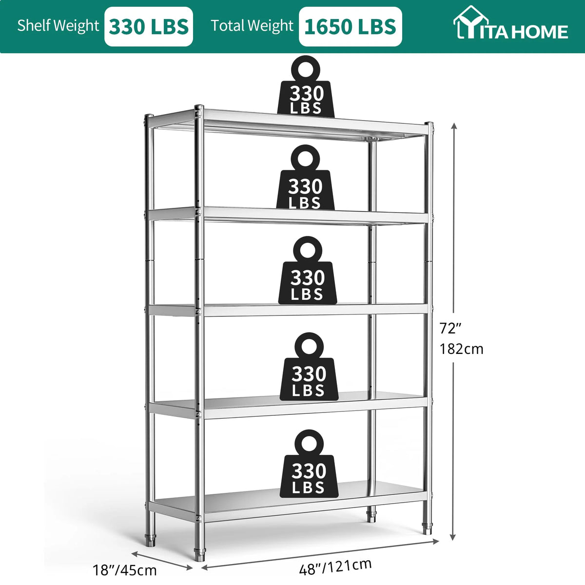 48"*18"*72" 5 Tier Stainless Steel Storage Shelf E6534