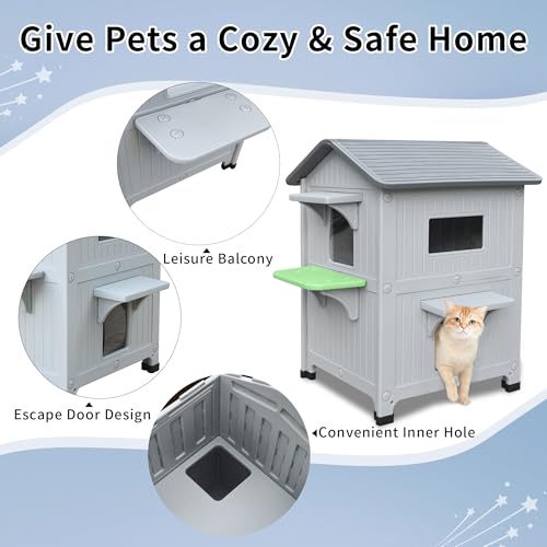 Grey Plastic 2 Story Elevated Cat Shelter with Escape Door M754
