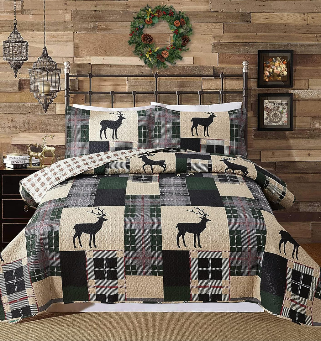Full/Queen Size Plaid Quilt Set Black White Patchwork Bedspread L61845