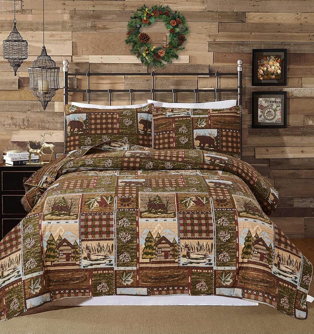 Full/Queen Size Plaid Quilt Set Black White Patchwork Bedspread L61845
