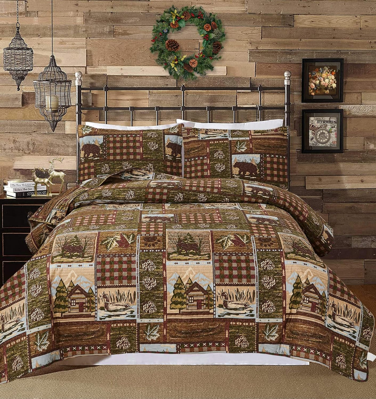 Full/Queen Size Plaid Quilt Set Black White Patchwork Bedspread L61845