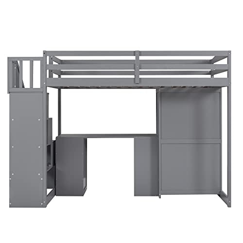 Twin Size Solid Wood Loft Bed with Desk and Stairs J122624