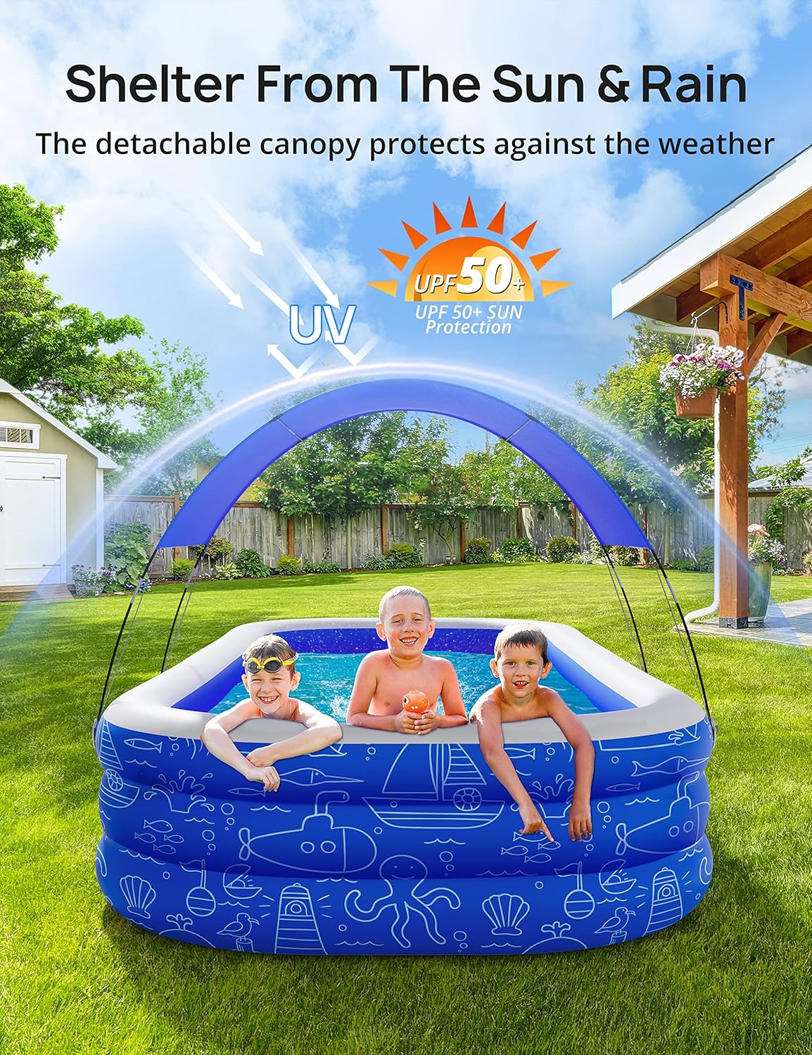Blue Inflatable Pool with Canopy, 150” x 70” x 20” A71852