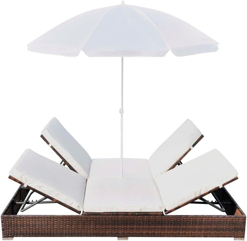 Brown Poly Rattan 2-Person Sun Lounger with Cushion and Umbrella N4031