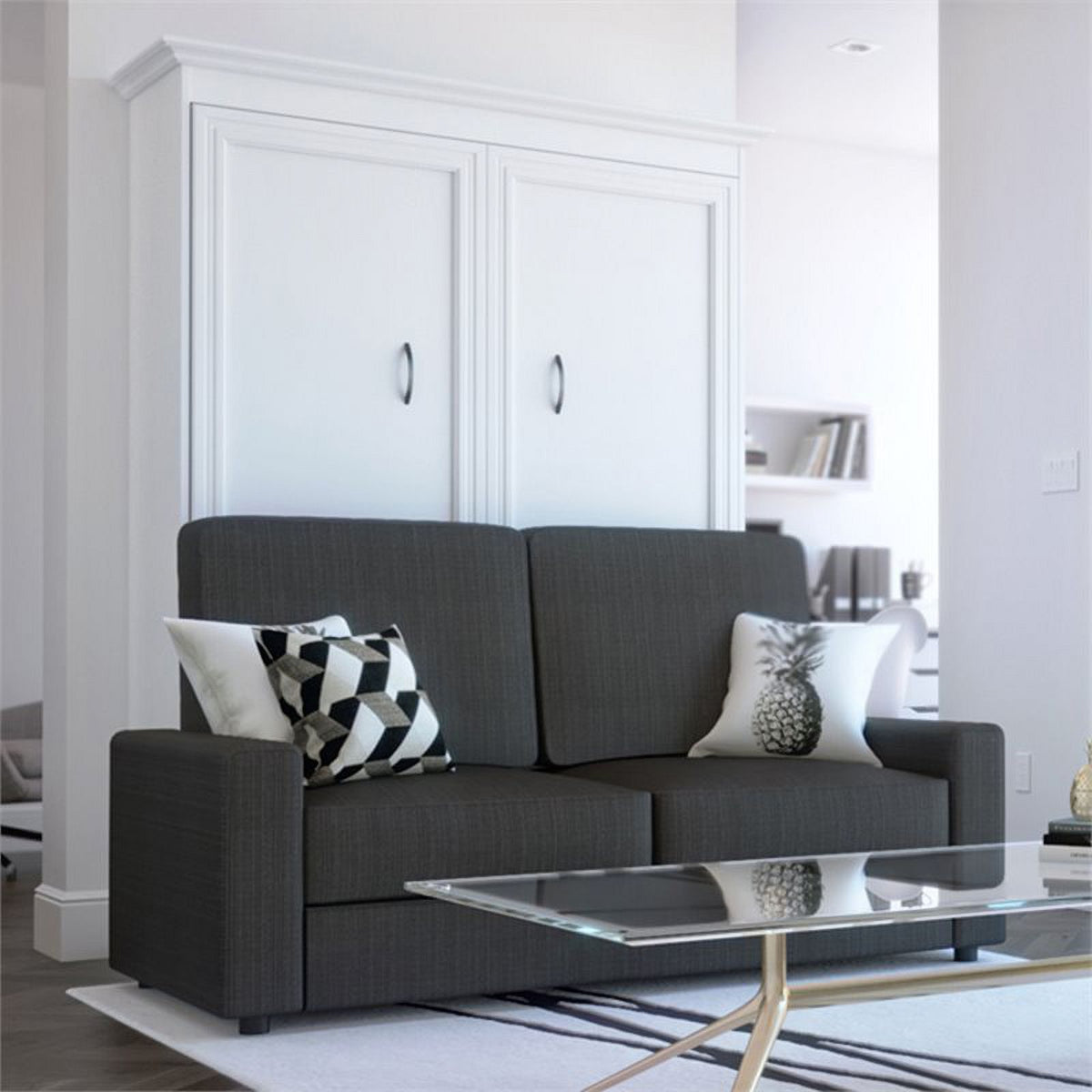 73"W White Gray Wood Full Murphy Bed with Sofa G380207