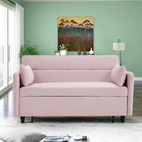 Gray Velvet Convertible Sofa Bed with Pull-Out Bed and Two Pillows F342