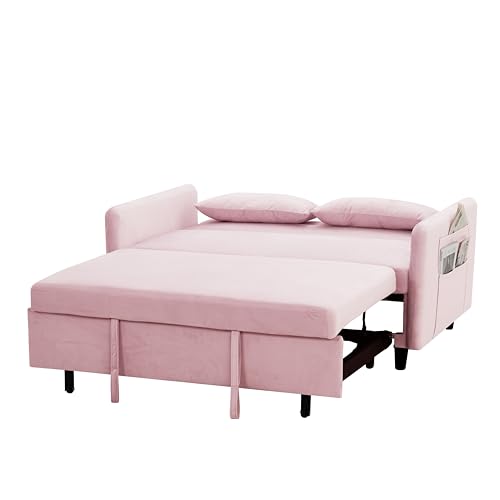 Gray Velvet Convertible Sofa Bed with Pull-Out Bed and Two Pillows F342