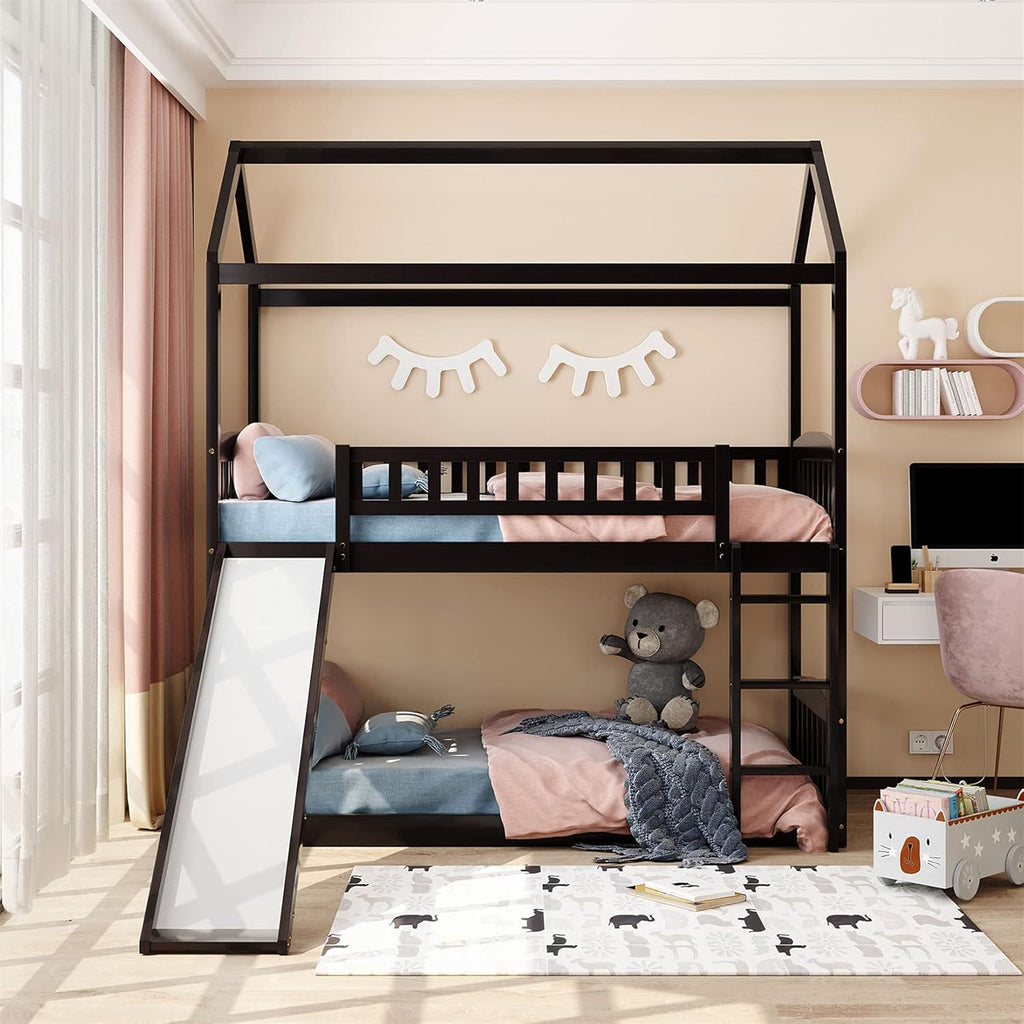 White Twin Over Twin Wood Bunk Bed with Slide and Storage Staircase O739965