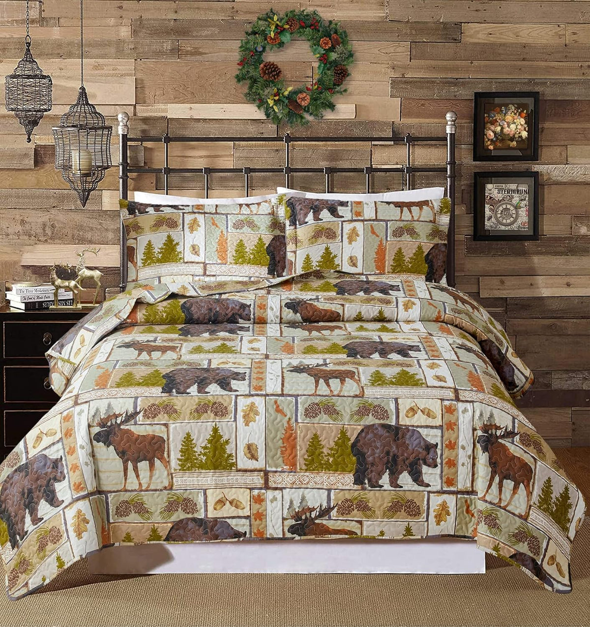 Full/Queen Size Plaid Quilt Set Black White Patchwork Bedspread L61845