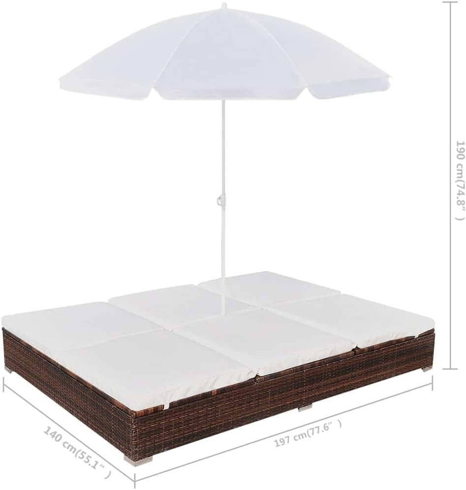 Brown Poly Rattan 2-Person Sun Lounger with Cushion and Umbrella N4031