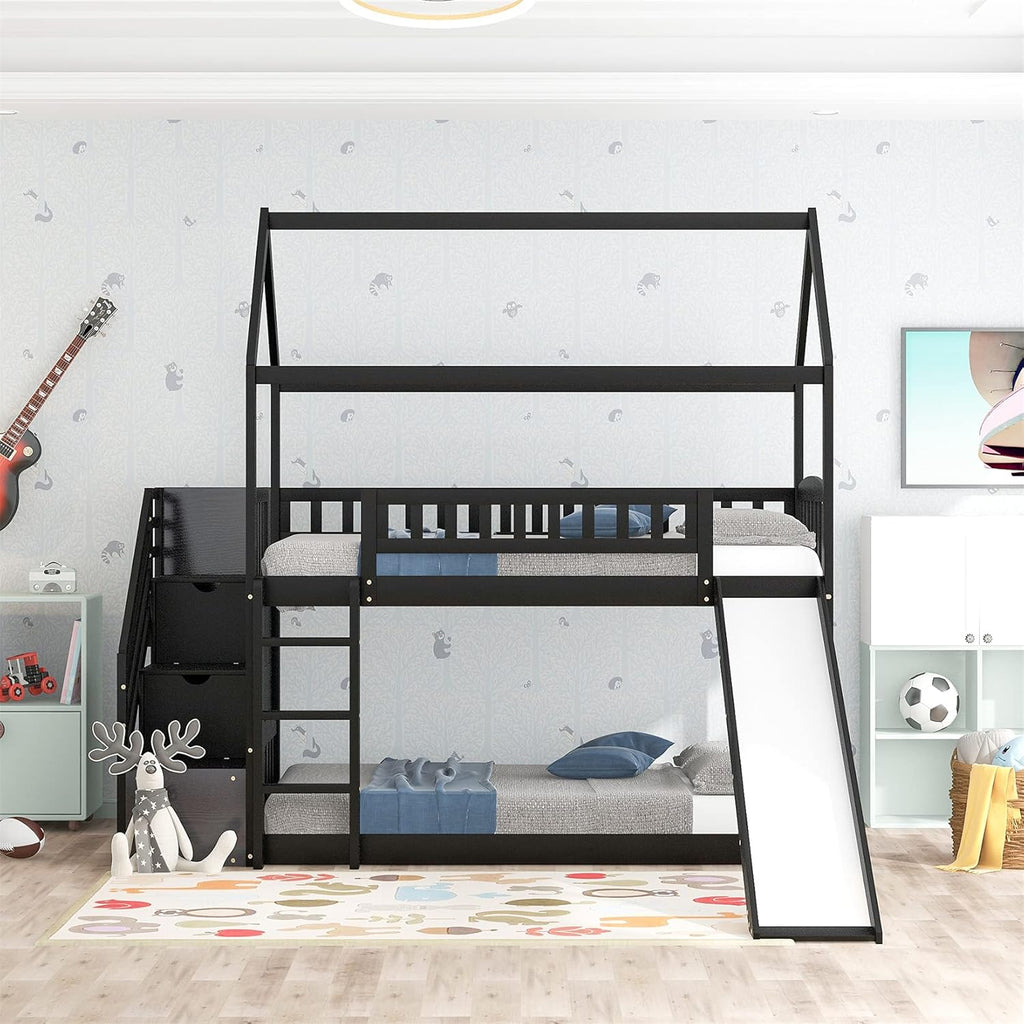 White Twin Over Twin Wood Bunk Bed with Slide and Storage Staircase O739965