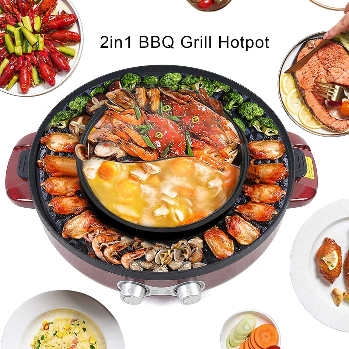 2 in 1 Electric Smokeless BBQ Grill and Hot Pot, 3.6L 2200W C1251