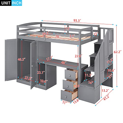 Twin Size Solid Wood Loft Bed with Desk and Stairs J122624