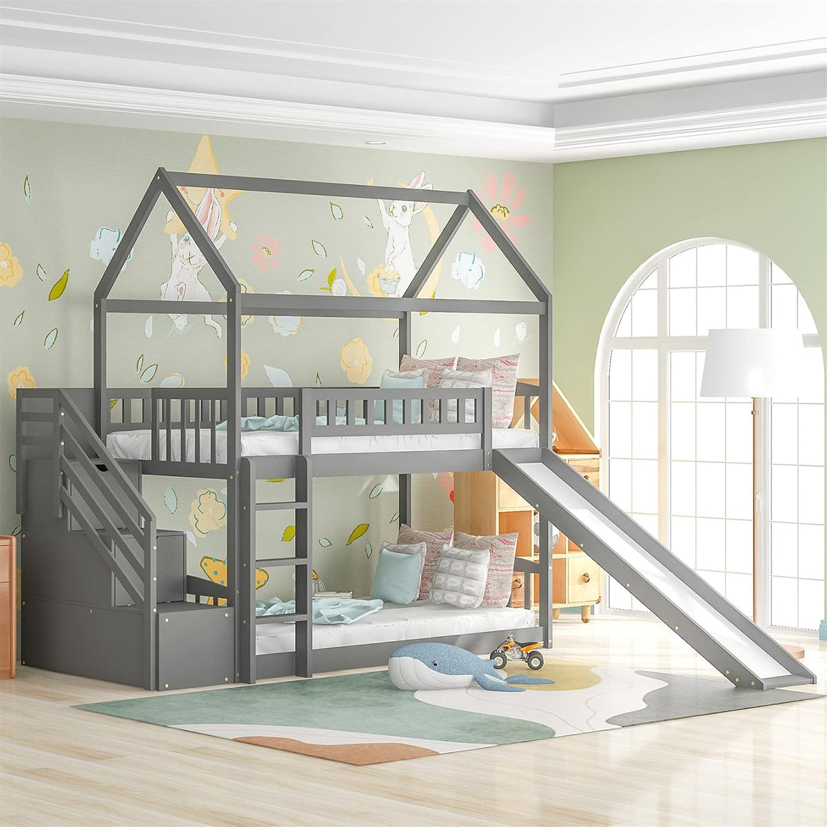 White Twin Over Twin Wood Bunk Bed with Slide and Storage Staircase O739965
