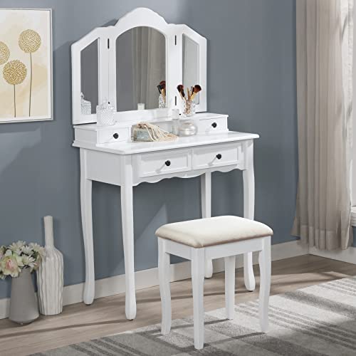 White Wooden Vanity and Stool Set J352996