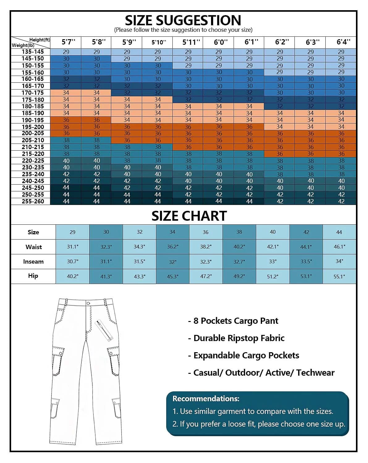 Black 8 Pockets Cotton Cargo Work Pants P7564