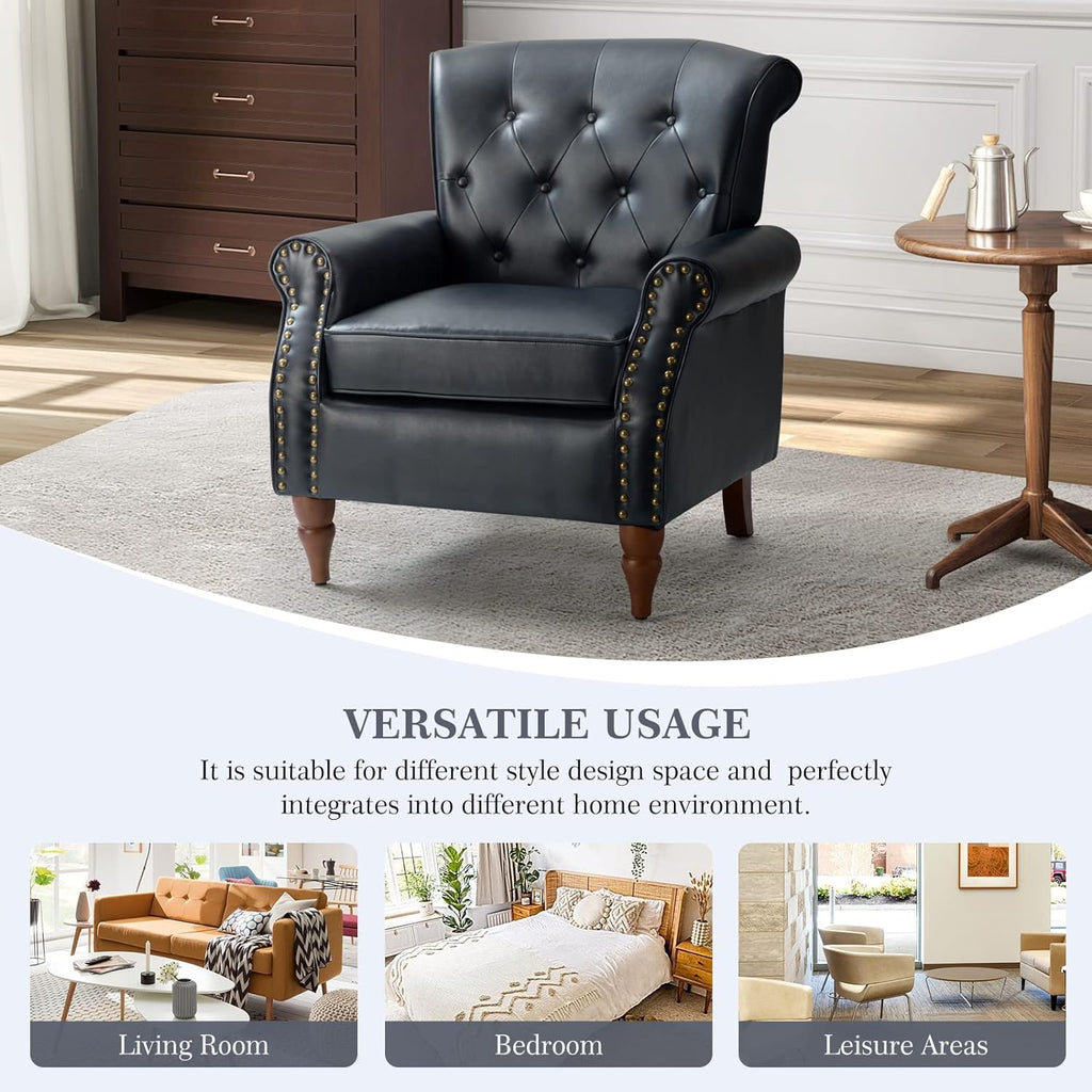 Navy Faux Leather Accent Chair Set Of 2 with Solid Wood Legs M6447