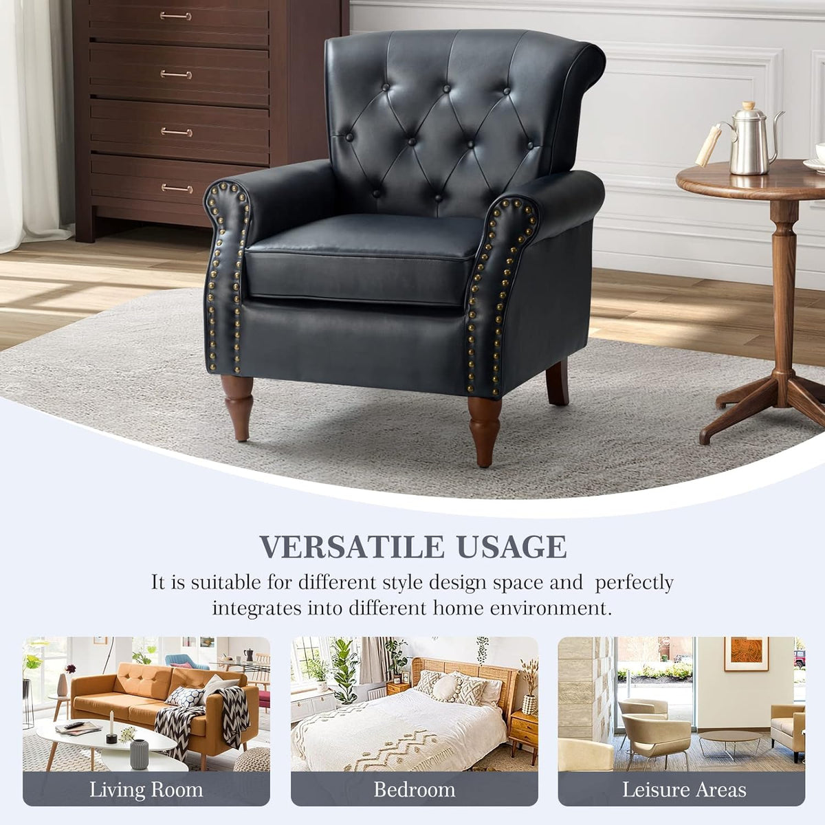 Navy Faux Leather Accent Chair Set Of 2 with Solid Wood Legs M6447
