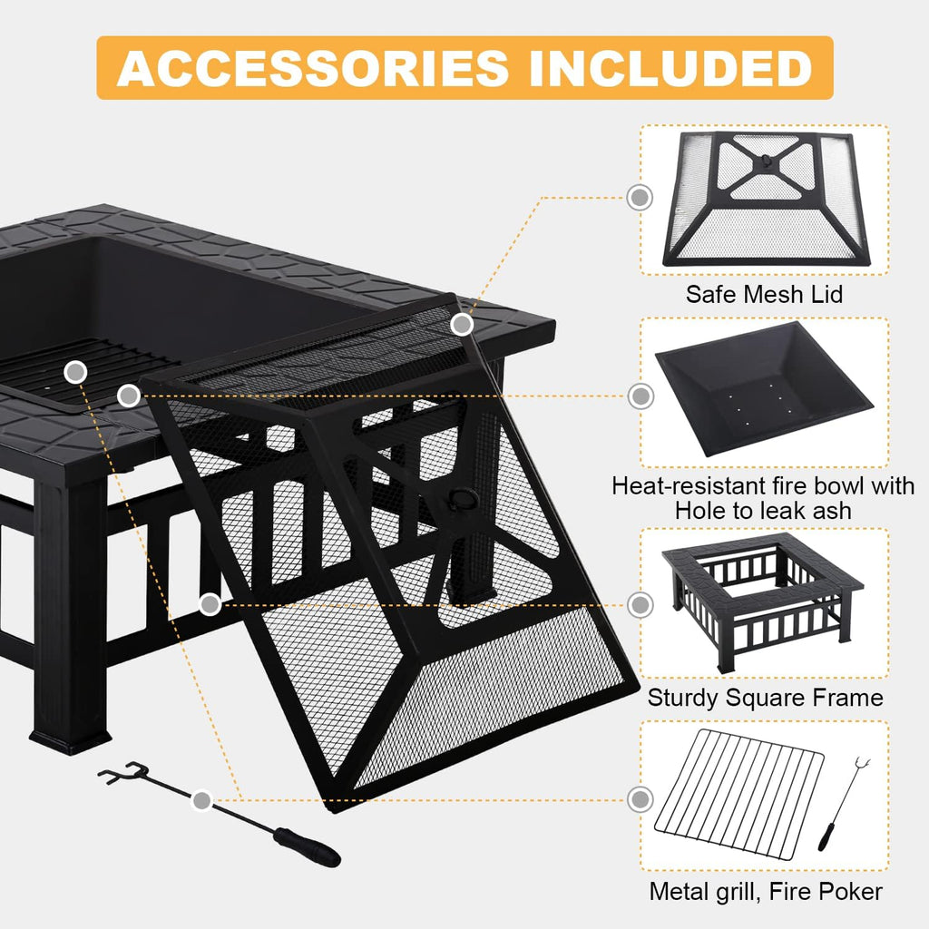 Black Square Wood Burning Fire Pit Table J446