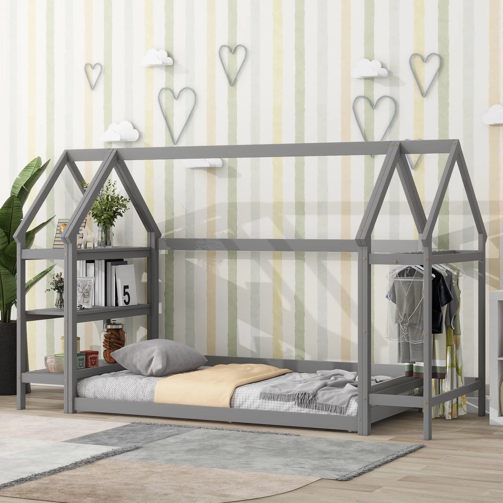 Twin House-Shaped Floor Bed Frame with 2 Detachable Stands U53193
