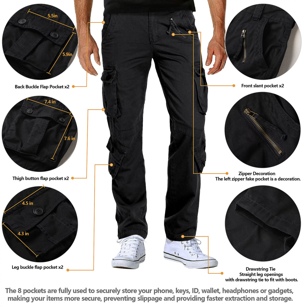Black 8 Pockets Cotton Cargo Work Pants P7564