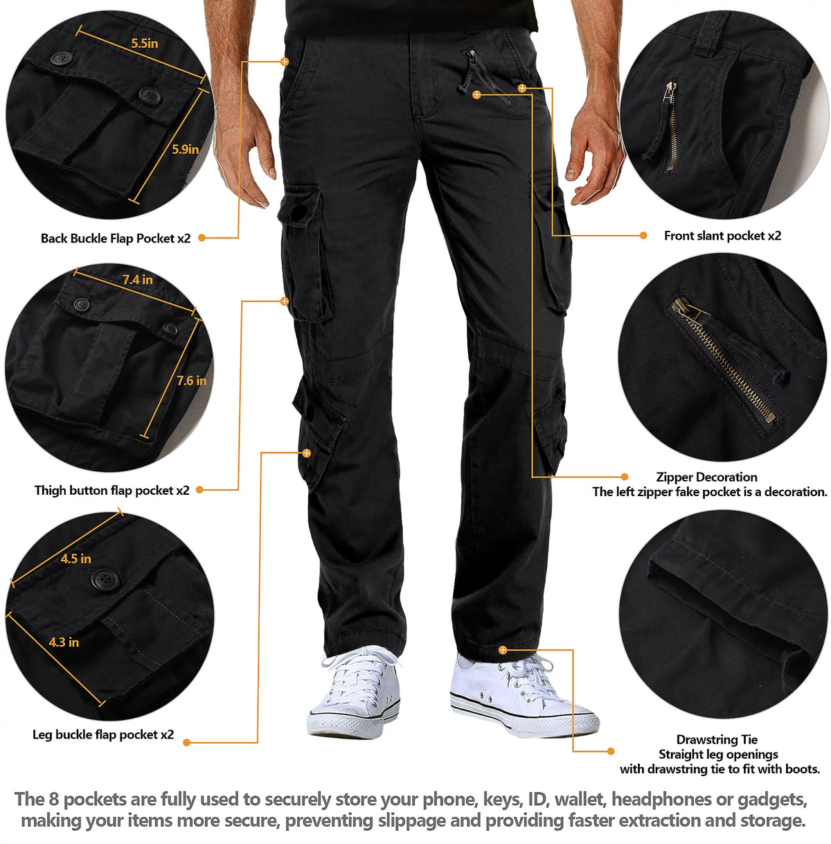 Black 8 Pockets Cotton Cargo Work Pants P7564