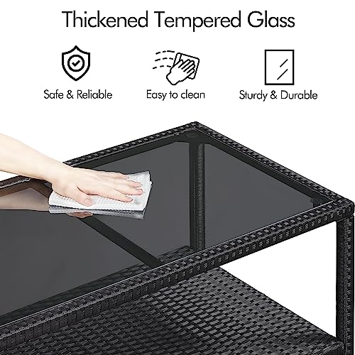 Black Wicker Storage Coffee Table with Tempered Glass Top B9855