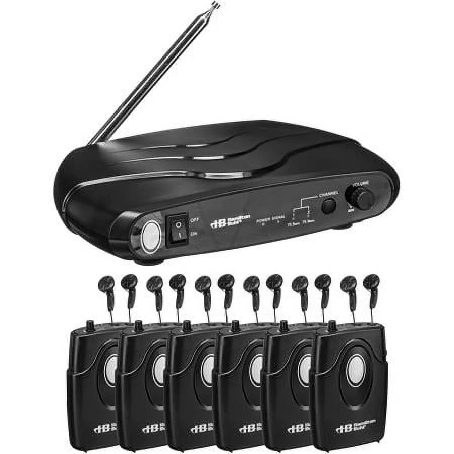 Assistive Listening Dual Frequency System with Transmitter, 6x Receiver, 6x Earbuds, Carrying Case B979690