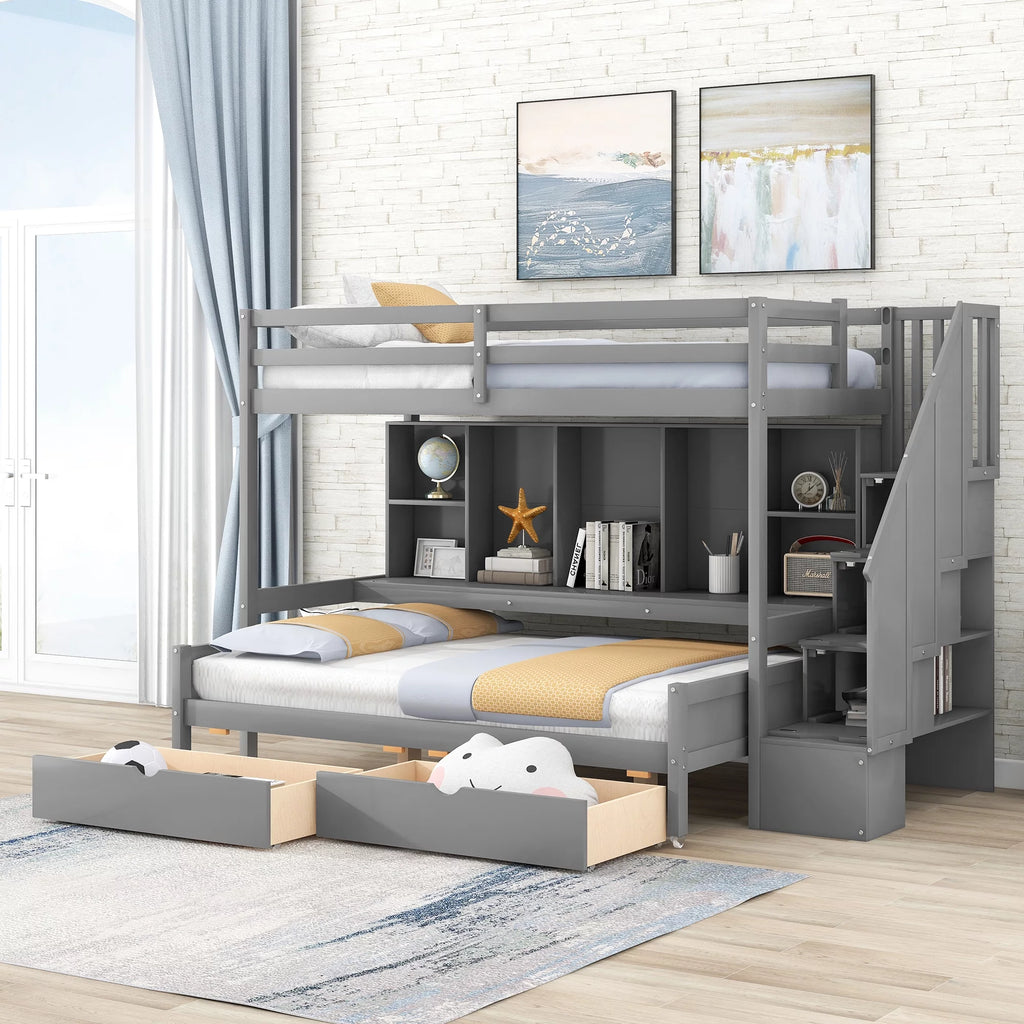 Twin Xl Over Full Bunk Bed with Storage Shelves, Drawers and Staircase, Gray J22460
