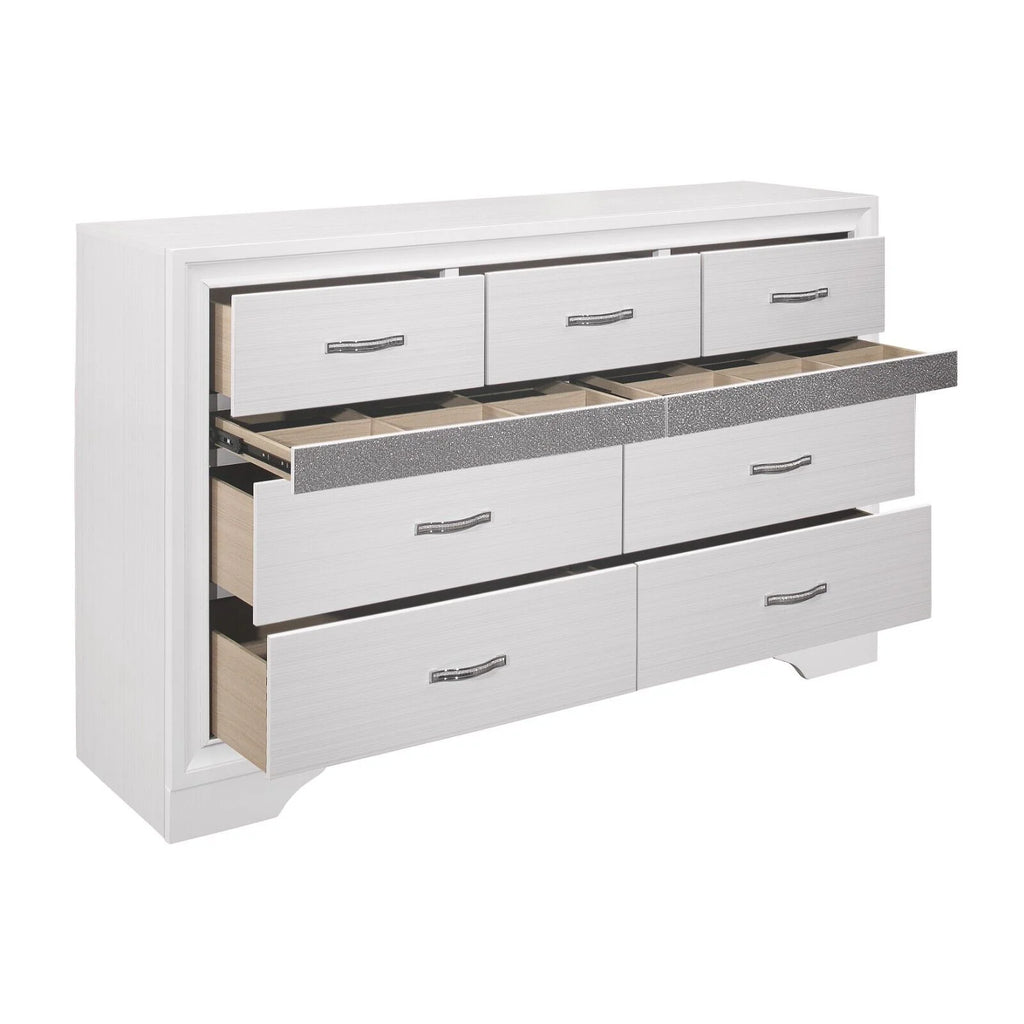White Glitter 4pc Queen Bedroom Set Platform Bed Dresser Nightstand Mirror U9549