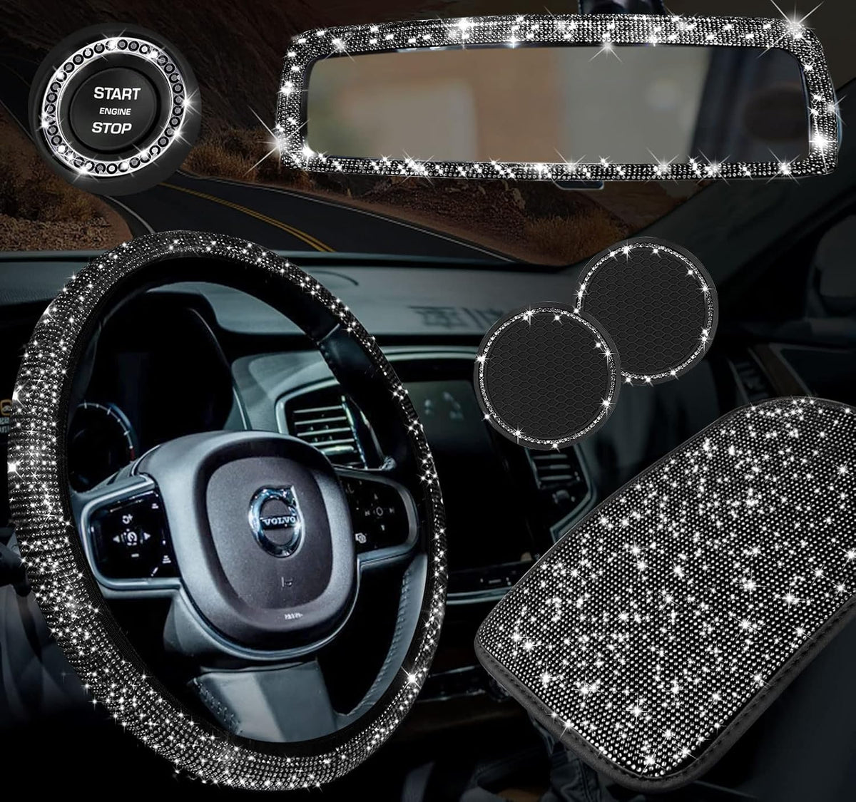 6 PACK Rhinestone Car Decor Crystal Rear View Mirror Center Console Protective Cover Diamond Leather Steering Wheel 2 Coasters Push Start Button Cover Multicolor C168