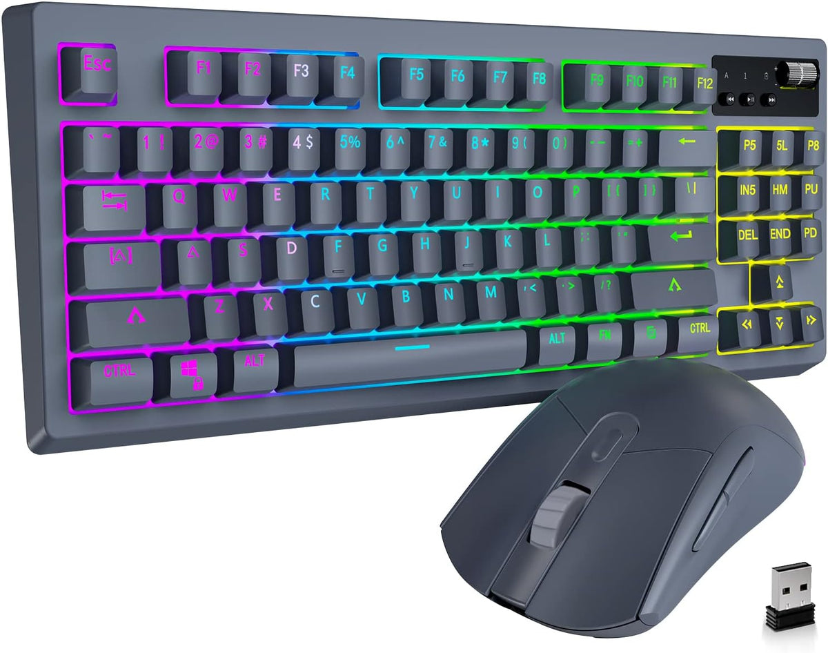 Wireless Mechanical Gaming Keyboard and Mouse, RGB Backlit Rechargeable 3600mAh, Brown Switch, Silver X4929