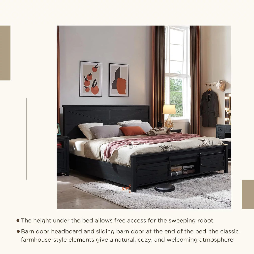 Black Queen Size Platform Bed Frame with Headboard and Storage E548688