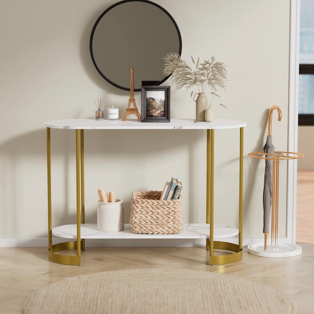 White Marble Pattern 2-Tier Console Table P939