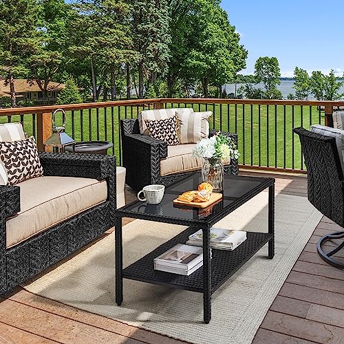 Black Wicker Storage Coffee Table with Tempered Glass Top B9855