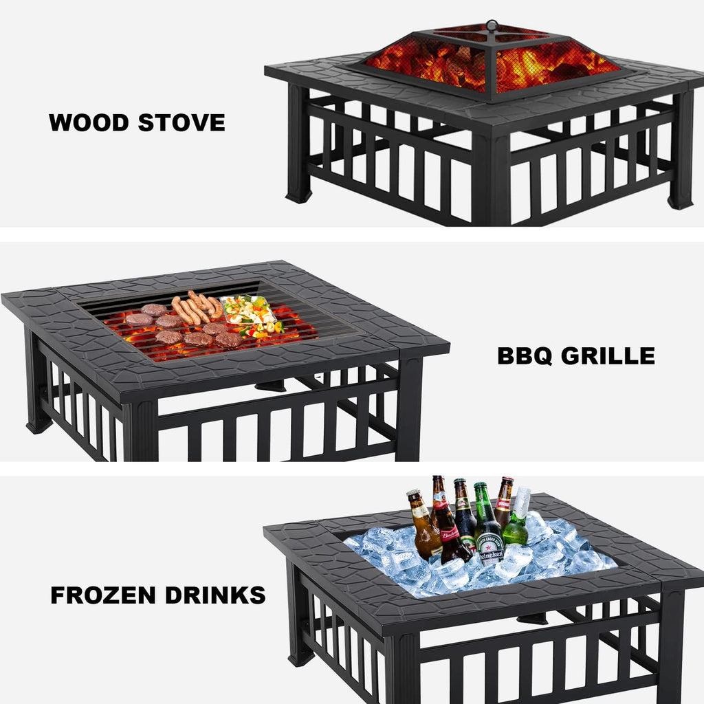 Black Square Wood Burning Fire Pit Table J446