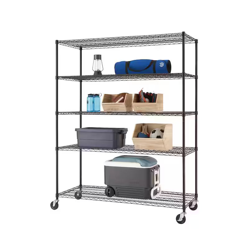 Black 5-Tier Rolling Steel Wire Shelving Unit B2064