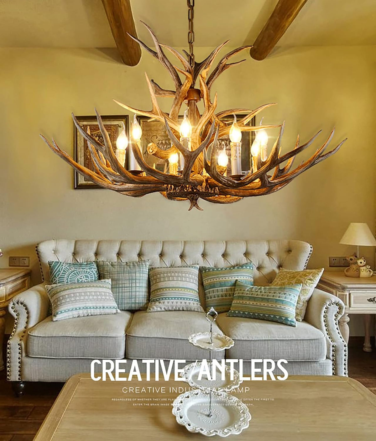 Antler Chandelier 8 Light Rustic Resin Deer Horn Pendant Light I7918