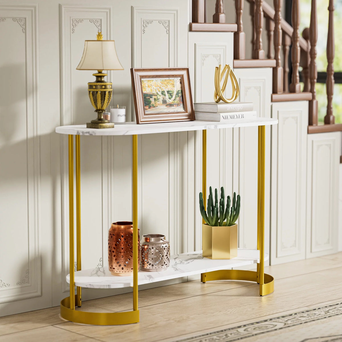 White Marble Pattern 2-Tier Console Table P939